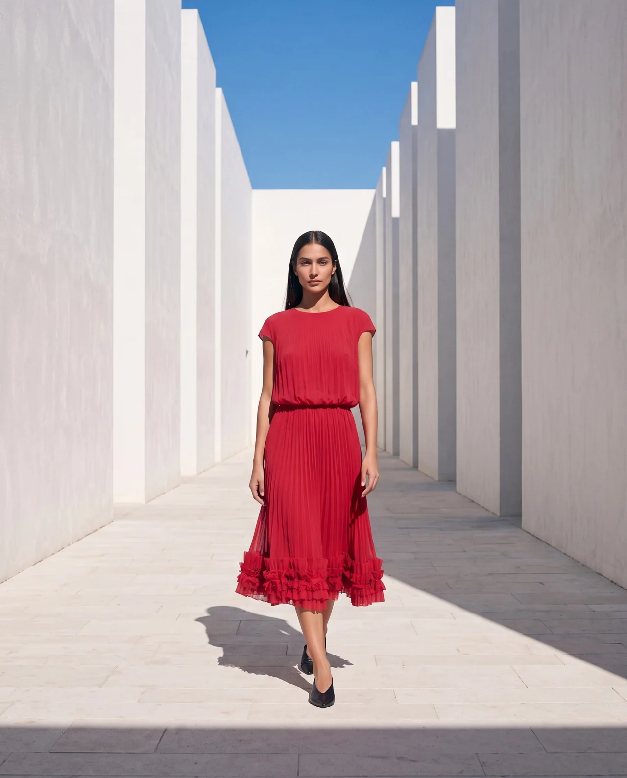 AI-generated red-dress source scene used for a fashion motion example