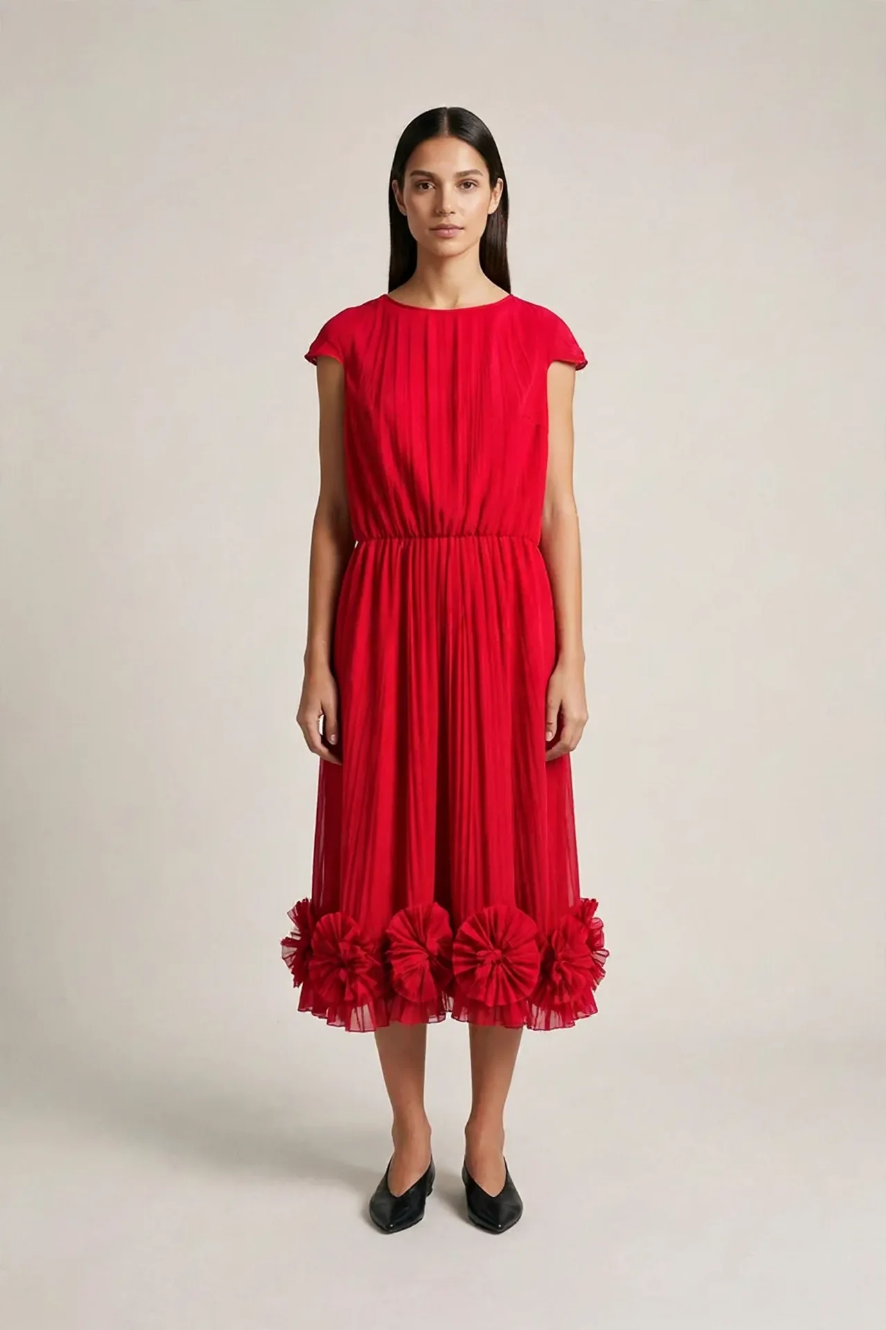 Generated full-body practice image of a woman wearing a red pleated dress